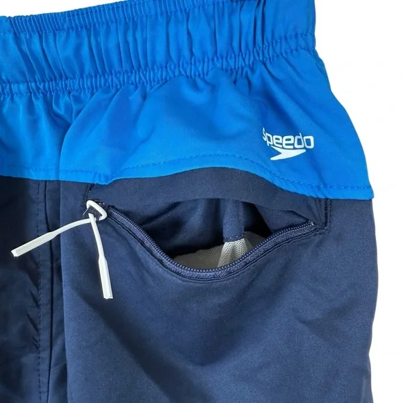 Speedo Mens Swim Trunks Dark Blue Bright Blue Color Block Drawstring Size Small - Picture 6 of 9